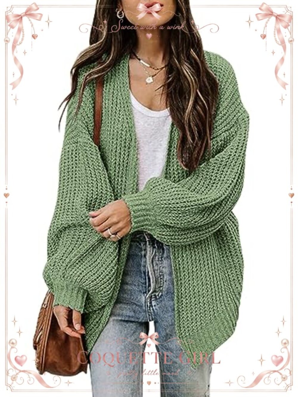 Oversized Chunky Knit Open Front Cardigan Lantern Sleeve Drop Shoulder